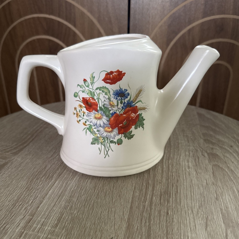 Vintage McCOY Made in USA White Porcelain POPPY FLOWERS 6"h Watering Can #720